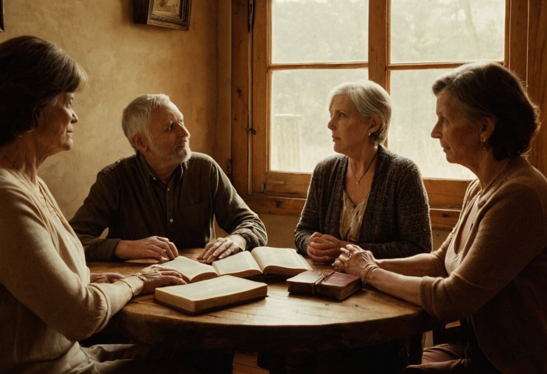 Four adults studying Scripture together at a table by a window