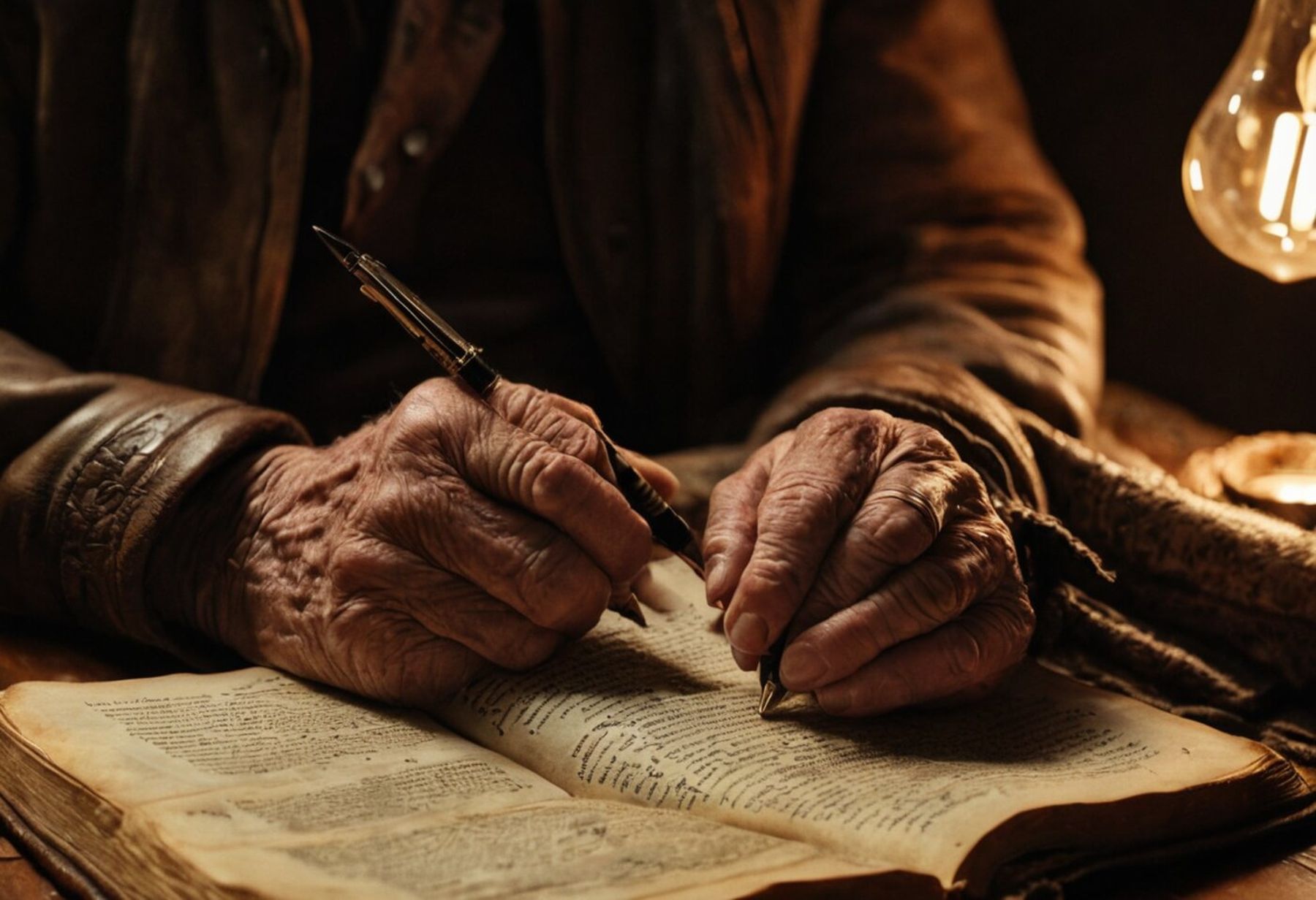 Hands writing notes in an open Bible