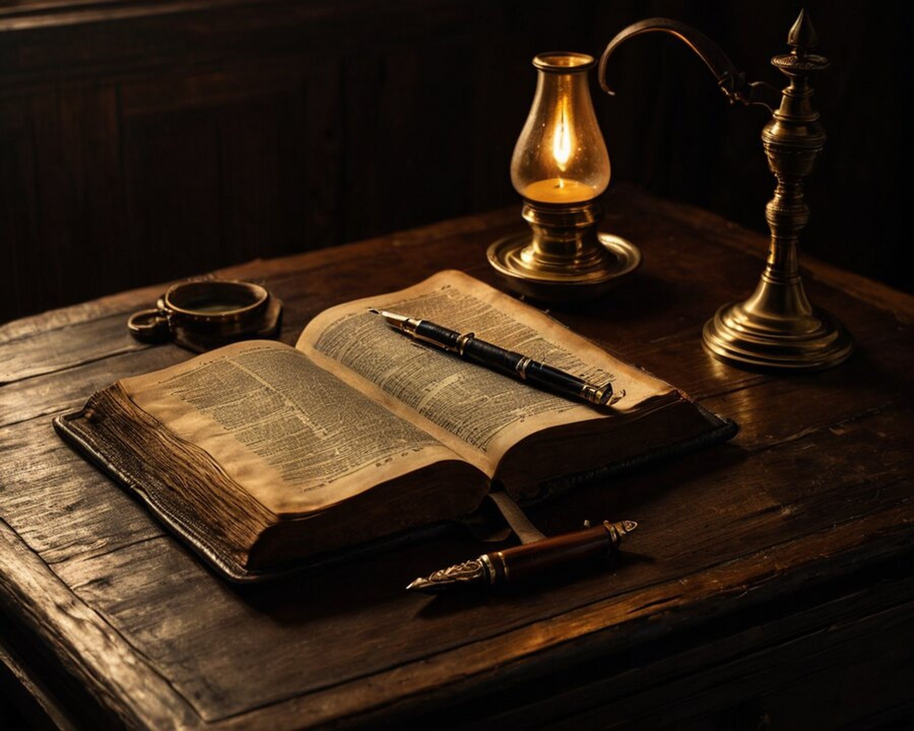 An open Bible and pen on a desk under lamplight