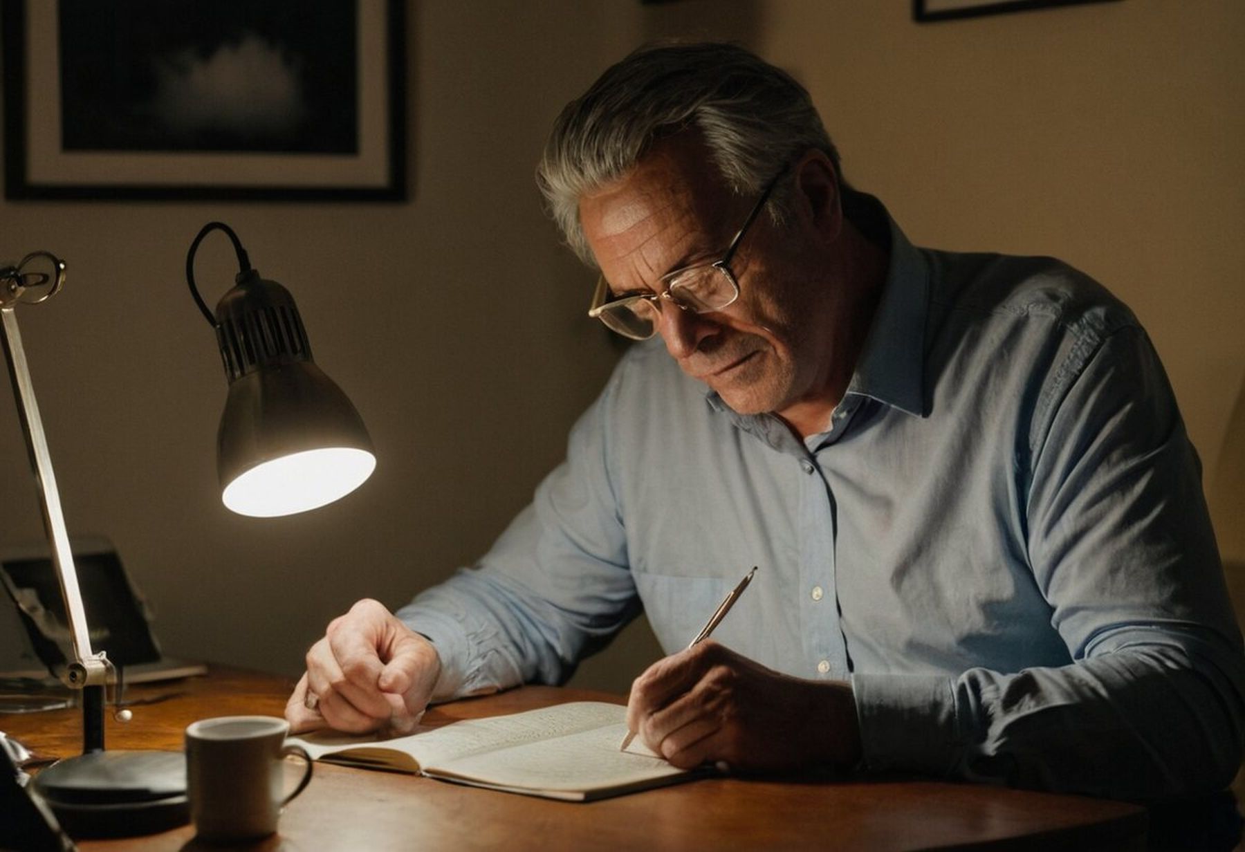 A man studying at his desk in the evening