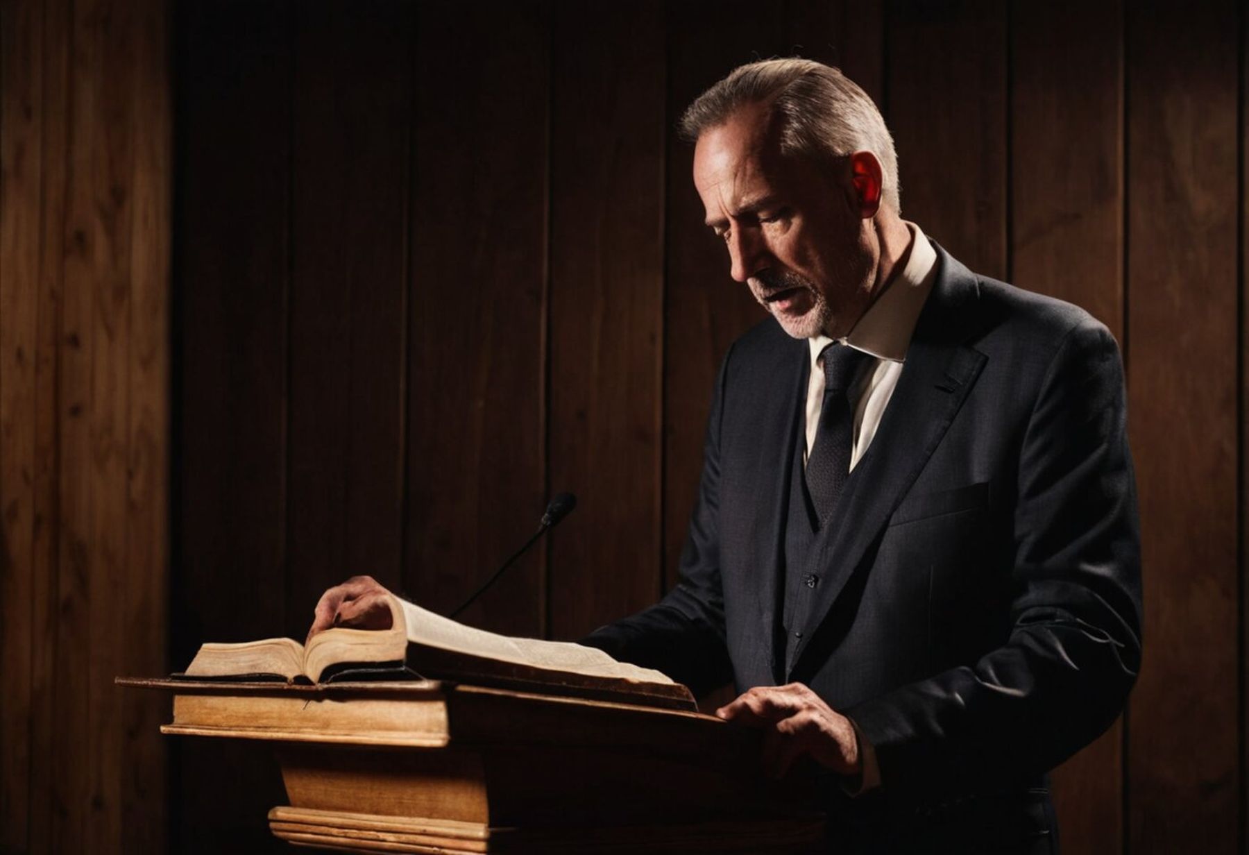 A pastor at a lectern with an open Bible