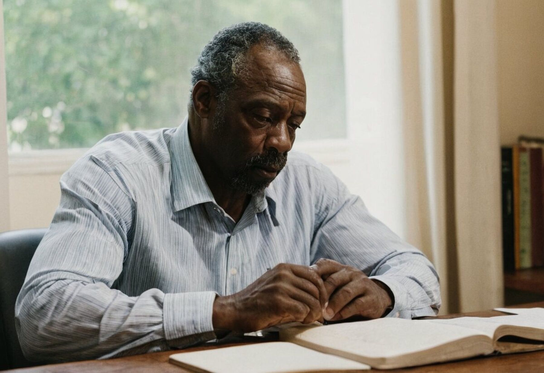 A man reading at a desk by a window