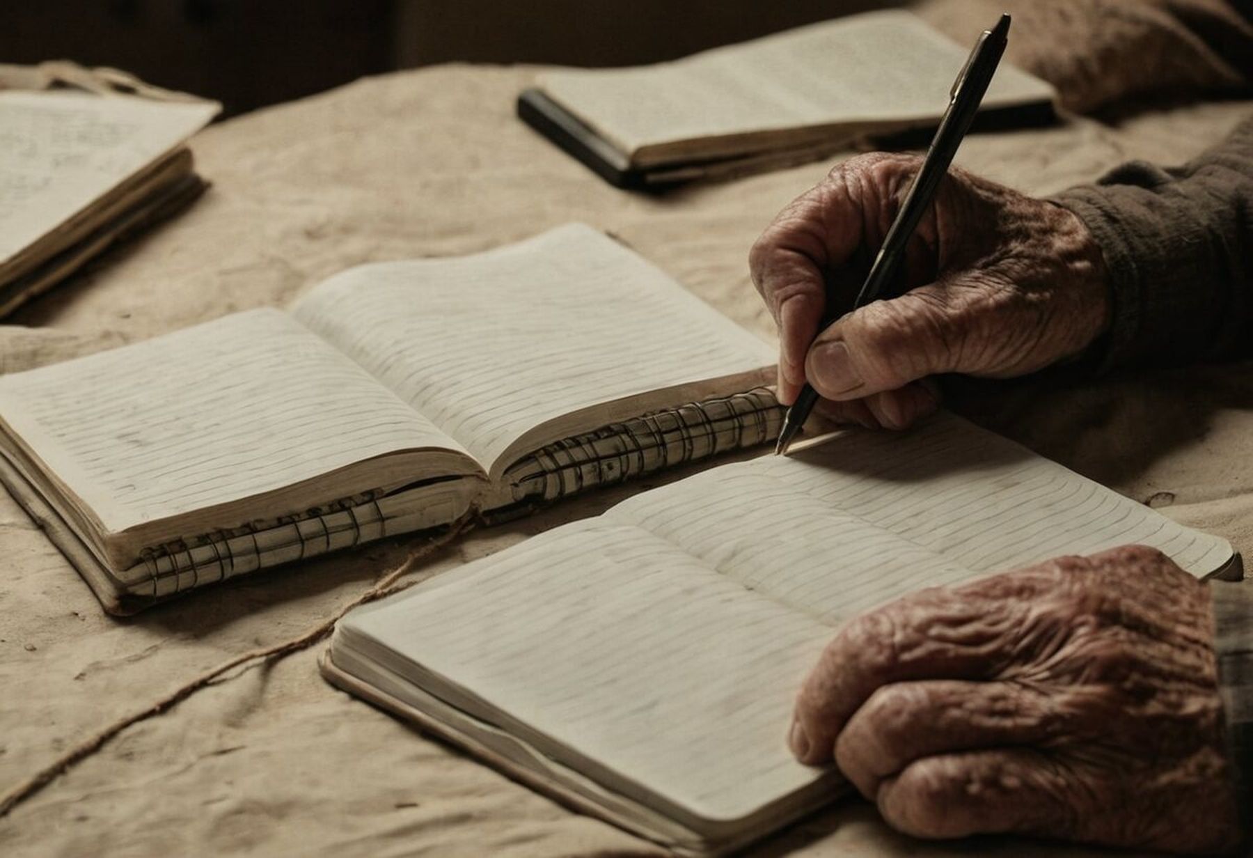 A hand writing in a notebook beside an open book