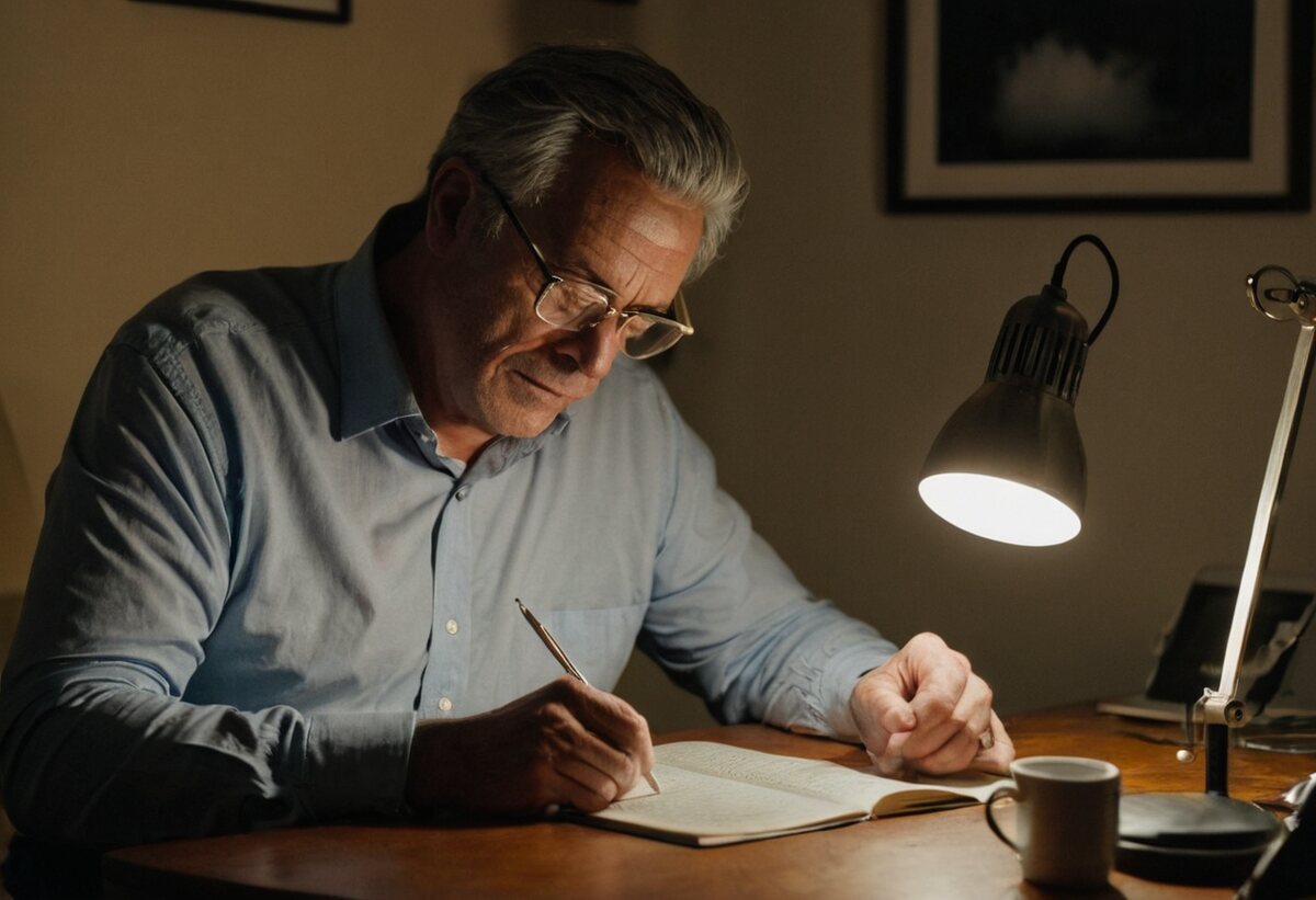 A student studying at home in the evening
